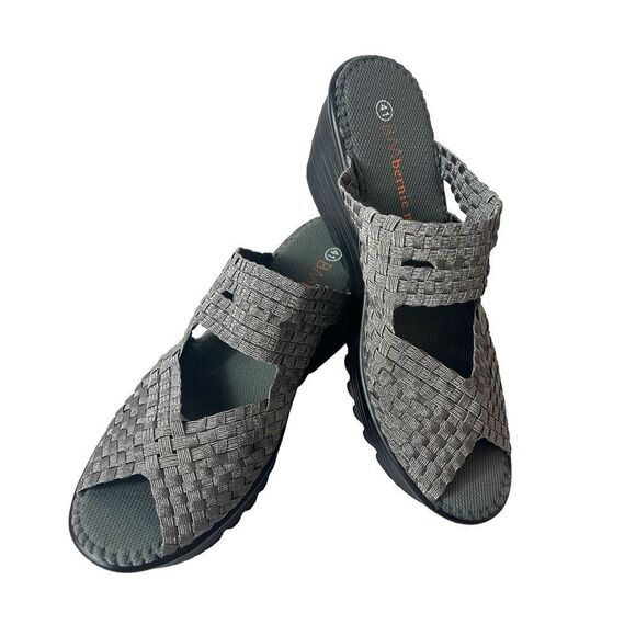 Bernie Mev Gray Woven Fabric Wedge Slip On Peep Toe Sandals Womens EU 41 US 10.5 - Picture 1 of 10